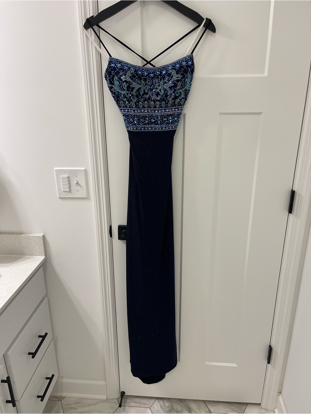 Embellished Navy Blue Evening Gown with Beaded Bodice